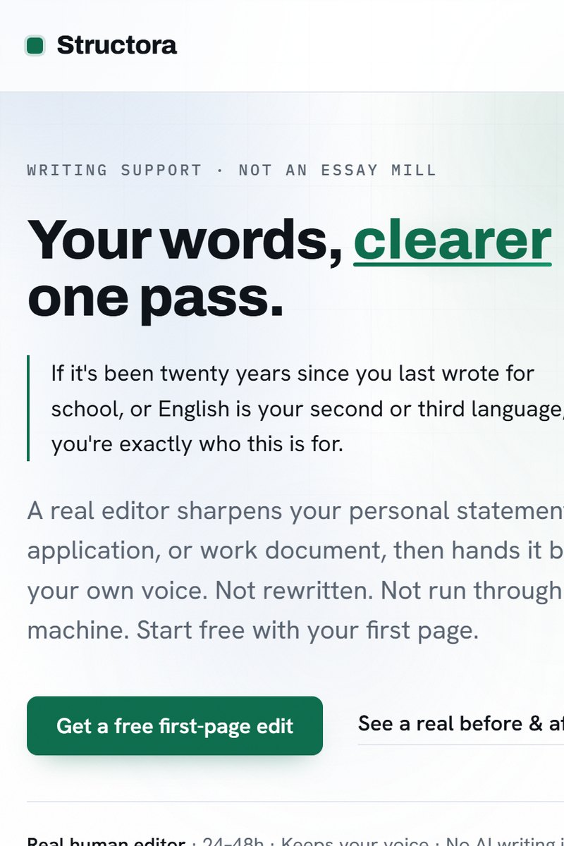 Mobile site we built for Structora — writing feedback for adult and ESL students